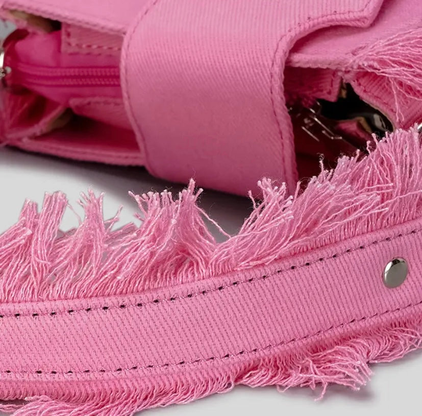 Demi Raw Bag – Pink Fringe Denim Tote | Handmade Preorder