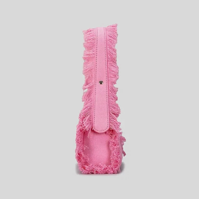 Demi Raw Bag – Pink Fringe Denim Tote | Handmade Preorder